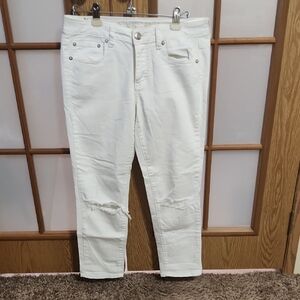 American Eagle Boy Crop Stretch Distressed White Jeans
